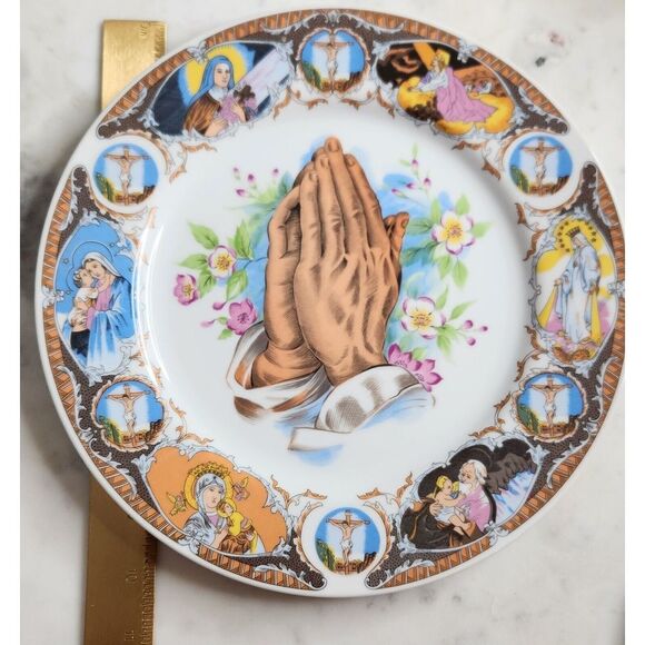 Vintage Praying Hands Easter Jesus Life Wall Plate Porcelain 10 1/4" Lady Angela - Picture 3 of 4